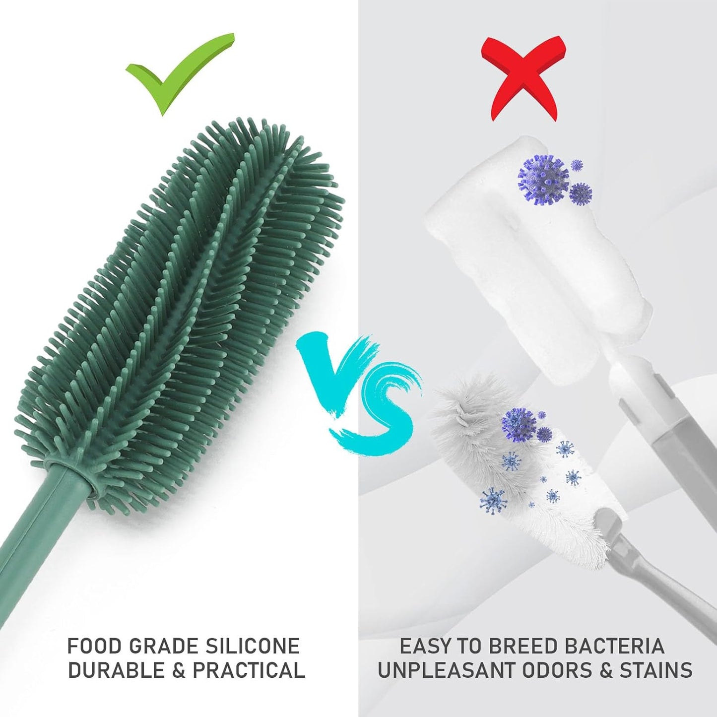 Silicone Bottle Cleaning Brush with Long Handle, 12.5" Water Bottle Cleaner for Baby Bottles, Hydro Flask, Sports Bottle, Vase, Glassware, Perfect for Smaller Diameter Bottle Openings (One Pack)