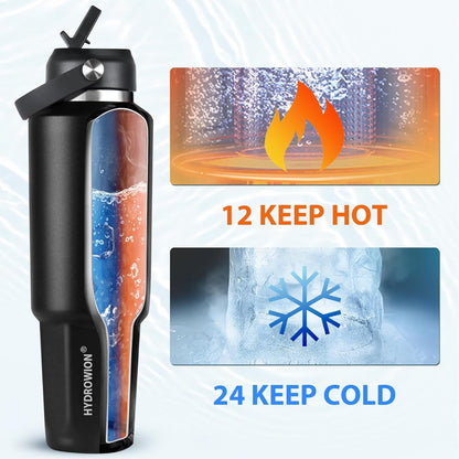 HYDROWION 32oz Stainless Steel Water Bottle(Cold for 48 Hrs, Hot for 24 Hrs),Double Wall Vacuum Insulated Water Bottle with Straw Lid, Spout Lid and Flex Cap, Fit in Any Car Cup Holder,Black