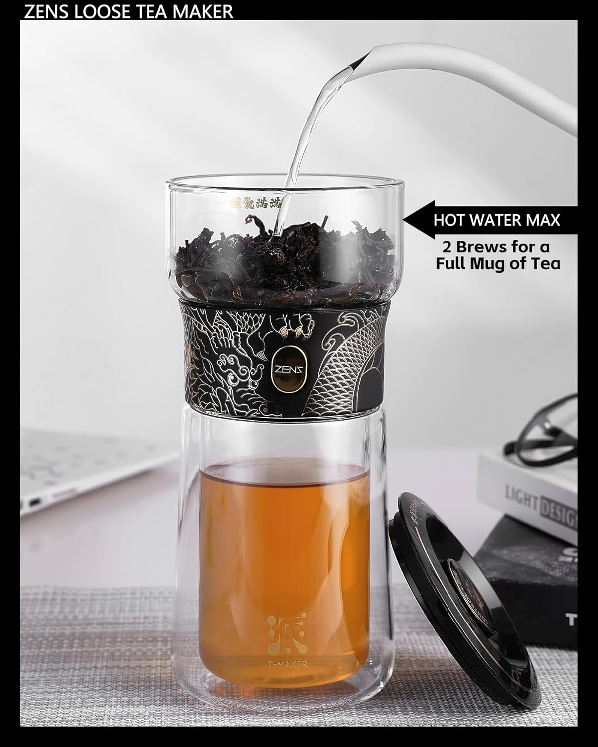ZENS Modern Glass Infuser Teapot, One Touch Tea Maker for Loose Leaf Tea with Insulated Mug and Portable Case. Enchanted Pot Alternatives for Tea Lover Gifts