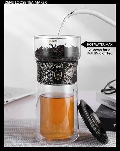 ZENS Modern Glass Infuser Teapot, One Touch Tea Maker for Loose Leaf Tea with Insulated Mug and Portable Case. Enchanted Pot Alternatives for Tea Lover Gifts