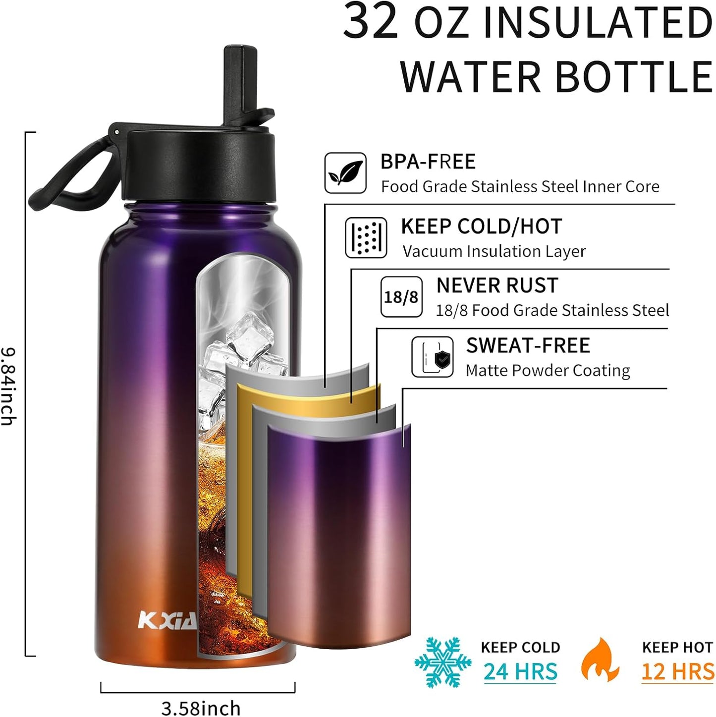 KXIAOCHEN Insulated Water Bottle With Strap, Cold For 48 Hrs Leak Proof, Triple Wall Stainless Steel Sports Water Bottle With Straw And Spout Lid For Gym Hiking Travel