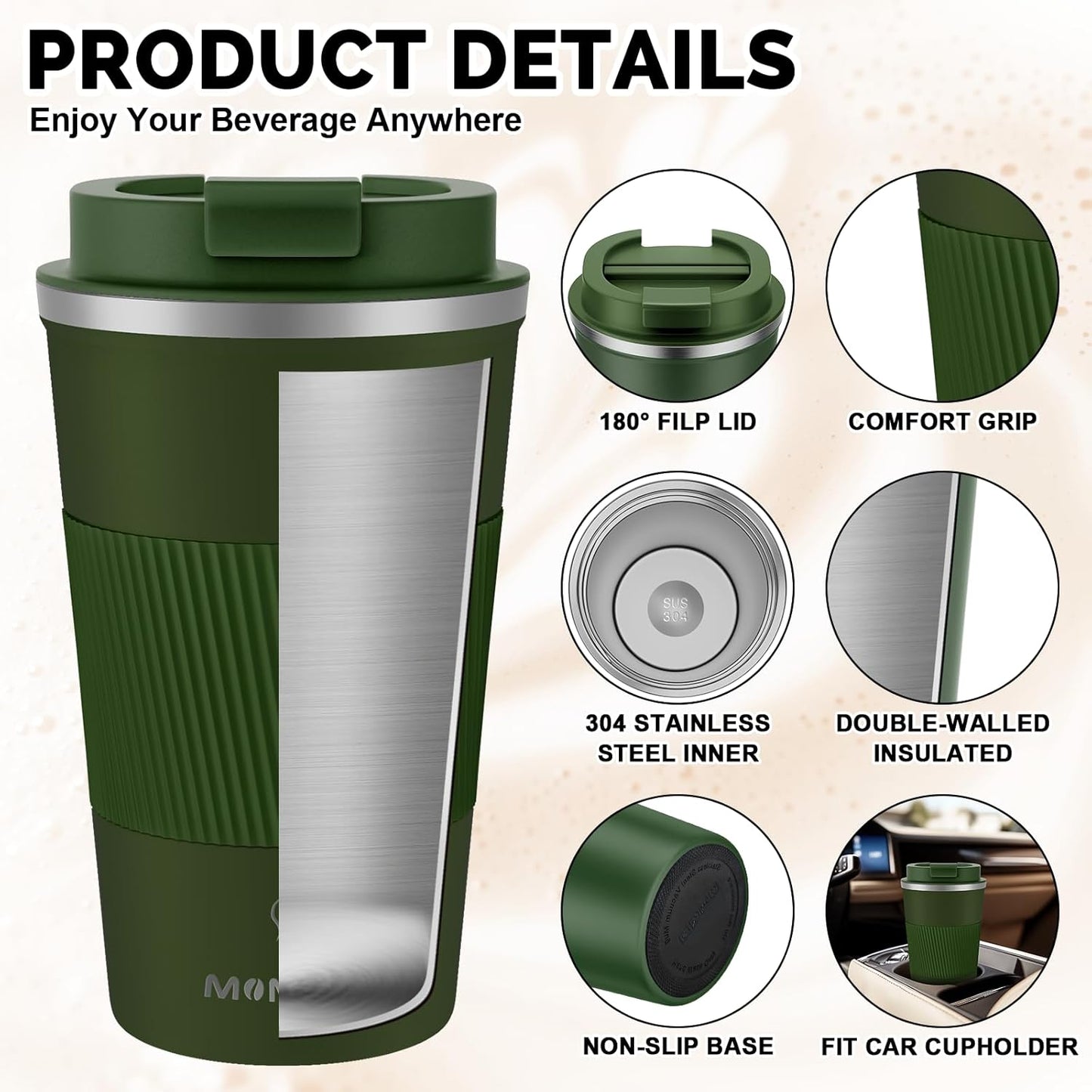 MOMSIV 12oz Travel Mug, Insulated Coffee Cup with Leakproof Lid, Travel Coffee Mug Vacuum Stainless Steel Double Walled Reusable Coffee Cup for Hot and Cold Water Coffee