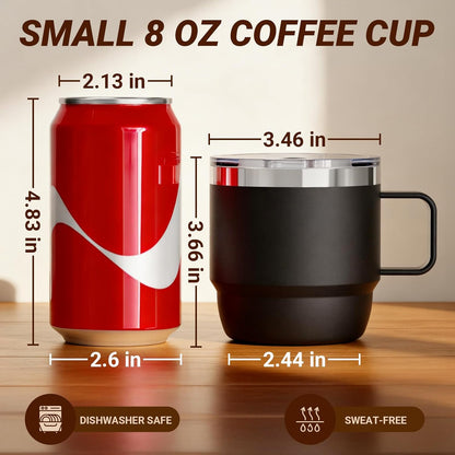 8 oz Small Coffee Mug with Magnetic Sliding Lid & Handle, Ceramic-Lined 18/8 Stainless Steel, Double-Wall Vacuum Insulated, Stackable, Dishwasher Safe, Mini Coffee/Tea Cup, 2 Pack, Black