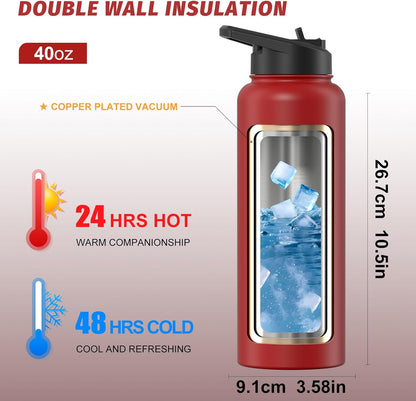 40oz Insulated Water Bottle (Cold for 48 Hrs),BPA Free&Leak Proof,Stainless Steel Water Flask,Water Jug with Straw Spout Lids for Gym,Hiking,Travel,Black Blue