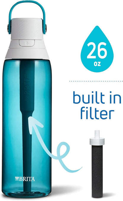 Brita Hard-Sided Plastic Premium Filtering Water Bottle, BPA-Free, Reusable, Replaces 300 Plastic Water Bottles, Filter Lasts 2 Months or 40 Gallons, Includes 1 Filter, Sea Glass - 26 oz.