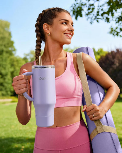 Renoj Insulated Mug 100% Leak Proof Insulated Water Bottle for Iced Coffee & Hot Drinks - Fits Car Cup Holder, Ideal Gift, 2 Straws & Silicone Boot - SnapShift Pink 32 oz