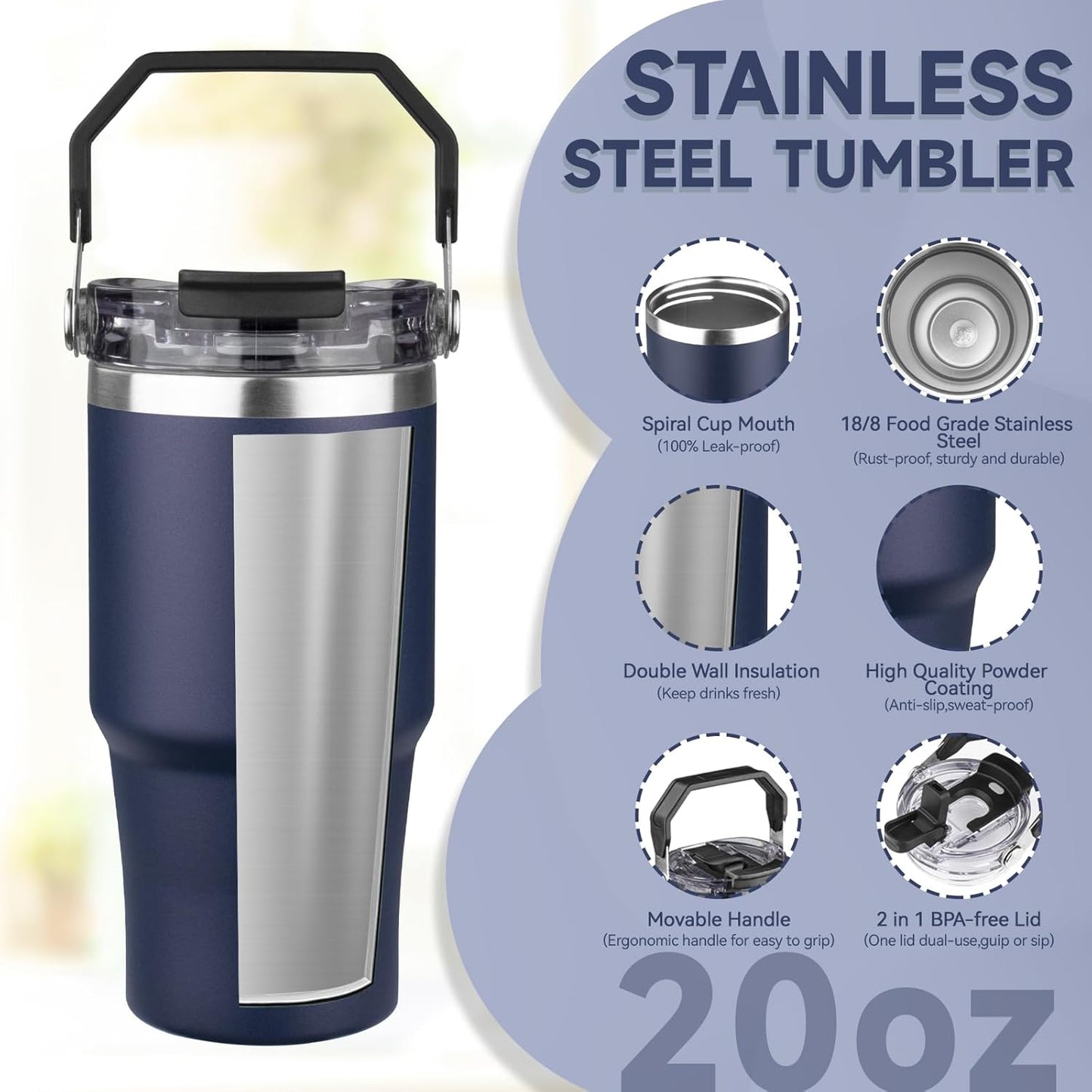 30oz Tumbler with Handle and Flip Straw Lid Double Wall Insulated Travel Coffee Mug Stainless Steel Vacuum Insulated Coffee Tumbler Cup for Hot and Cold Beverages,Leak-proof&BPA-free (30oz,Black)