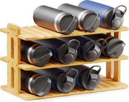 SpaceAid Bamboo Water Bottle Organizer with Labels, Kitchen Pantry Water Bottle Storage Rack for Cabinets, Home Cup and Wine Bottle Holder Shelf Organizers, (3-Tier, Hold 9 Bottles)