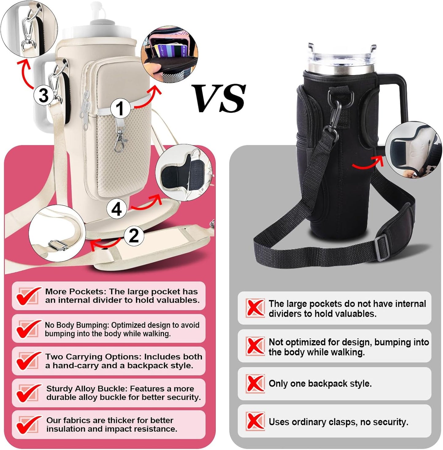 Stanley Carrier Bag for Stanley 40oz/30ozTumbler with Phone with 2 Adjustable Strap,3 Pockets Bottle Stanley Cup Carrier Bag & Case,Accessories for Hiking Travelling