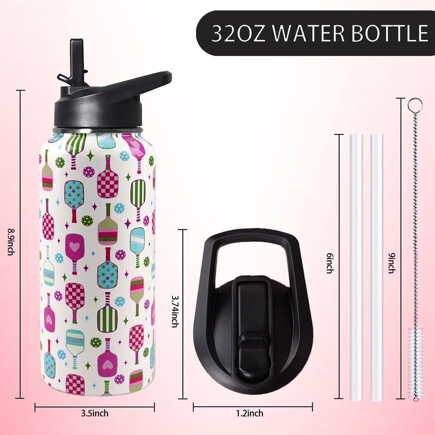 32 oz Pickleball Insulated Water Bottle with Straw - Pickleball Gym Hiking Sports Coffee Mug | Perfect Pickleball Gifts for Women, Pickleball Decor Accessories