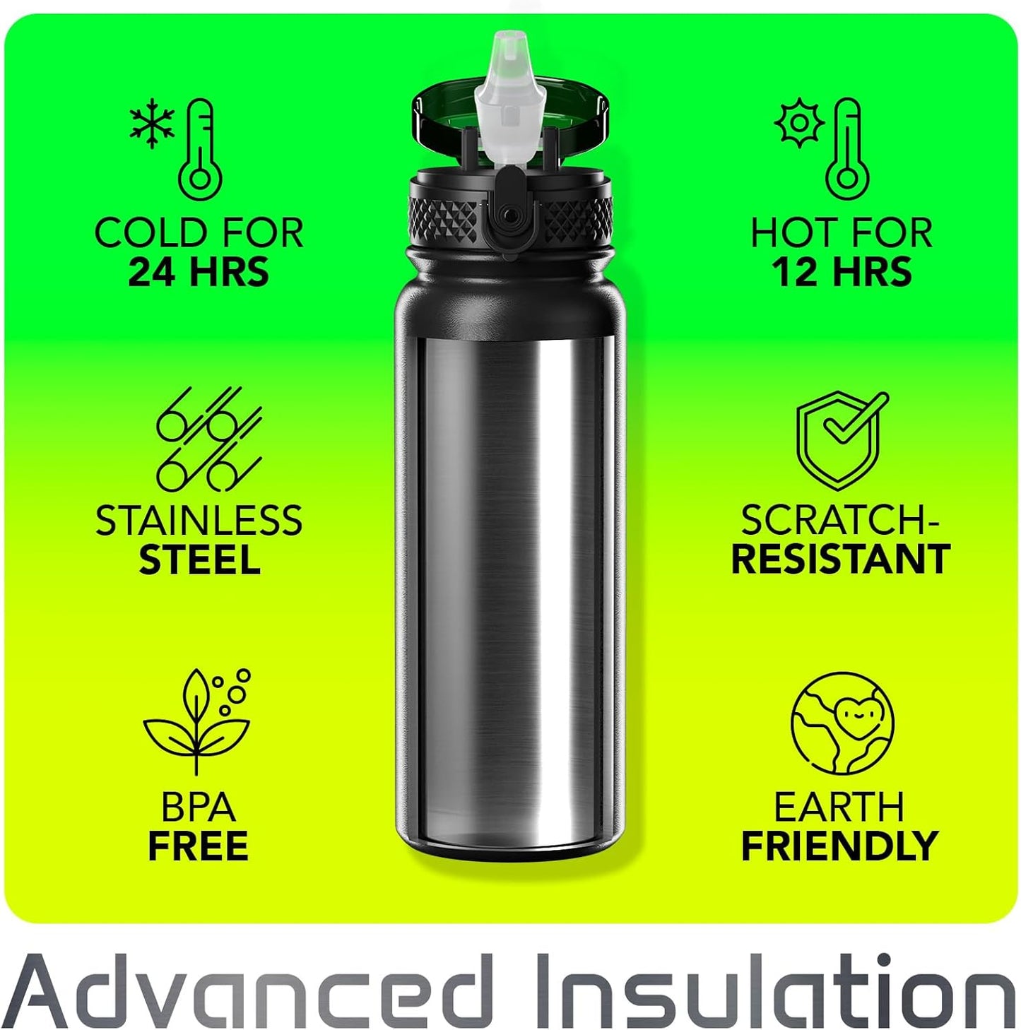 Mont-Clair Sport Water Bottle - 20oz Insulated Water Bottle with Straw - Patented Lid, BPA FREE, For Sports, Gym, Cycling, Bike - Quick Hydration - Black