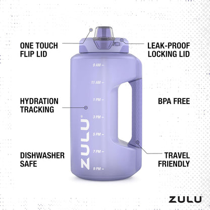 ZULU Goals 64oz Half Gallon Plastic Water Bottle with Straw and Time Marker | Large Reusable Jug with Handle and Leak Proof Lid for All Day Hydration, Gym and Outdoors, Gift Ready, Violet