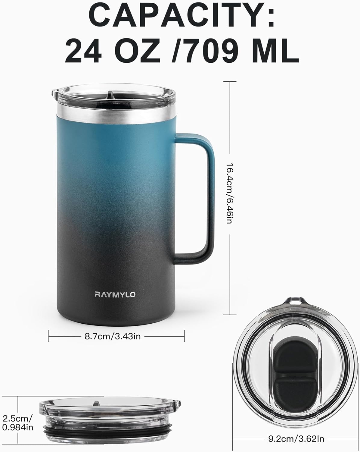 RAYMYLO Insulated Coffee Mug 12 oz, Double Wall Stainless Steel Coffee Mug with Lids, Leak-Proof & Detachable Slider Lid for Thorough Clean, Keeps Coffee Cold for 9 Hrs, Suitable for Camp Home Office