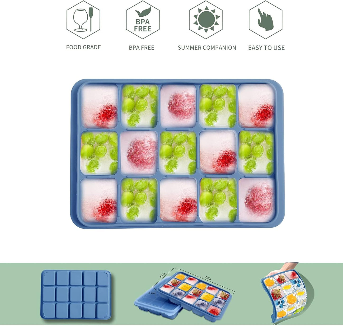 Ice Cube Trays Set of 2, Easy Release 15 Flexible Silicone Ice Cube Molds with Removable Lid Reusable Freezer Ice Trays Stackable for Whiskey, Baby Food, BPA Free (BAMBOO GREEN)