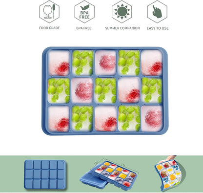 Ice Cube Trays Set of 2, Easy Release 15 Flexible Silicone Ice Cube Molds with Removable Lid Reusable Freezer Ice Trays Stackable for Whiskey, Baby Food, BPA Free (BAMBOO GREEN)