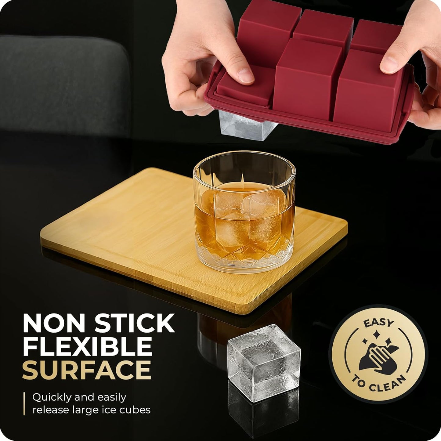 Large Ice Cube Trays for Whiskey, Silicone Ice Cube Tray, with Reinforced Steel Ring Top, Makes 12 perfect 2-in ice cubes, Square Ice Tray for Cocktails, Whiskey, Coffee. (2 Pack)