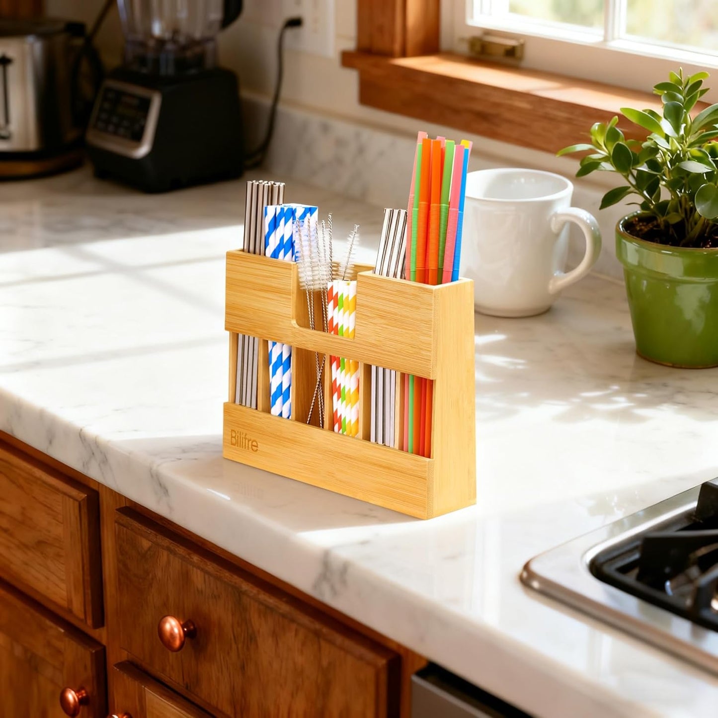 Bamboo Straw Holder Organizer for Cabinet Door, 10.8" Magnetic Straw Organizer with 6 Compartments for Long & Short Reusable Straws, Fridge, Counter & Wall Mount