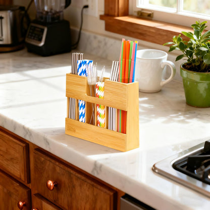 Bamboo Straw Holder Organizer for Cabinet Door, 10.8" Magnetic Straw Organizer with 6 Compartments for Long & Short Reusable Straws, Fridge, Counter & Wall Mount
