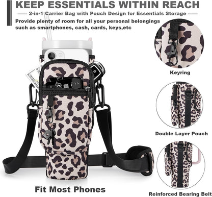 BULKITEM Water Bottle Carrier Bag with Phone Pocket for Stanley 40 & 30 oz Tumbler with Handle,Pink Insulated Neoprene Cup Holder Pouch w/Adjustable Strap for Quencher H2.0 Stanley Cup Accessories