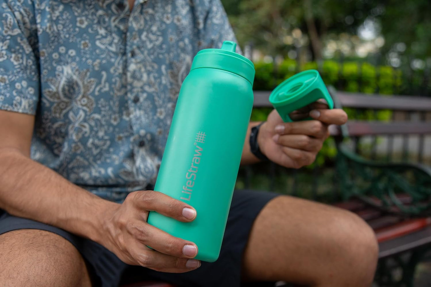 LifeStraw Go Series — Insulated Stainless Steel Water Filter Bottle for Travel and Everyday Use Removes Bacteria, Parasites and Microplastics, Improves Taste, 1L Aegan Sea