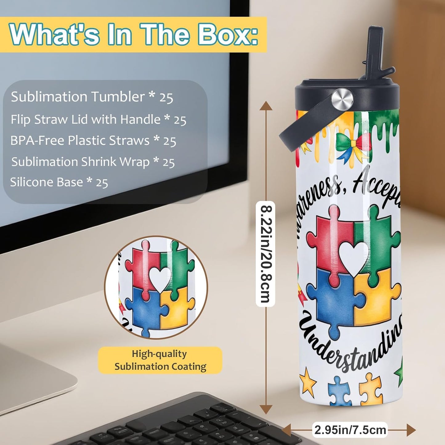 20 Oz Sublimation Tumblers Bulk Skinny Straight, 25 Pack Sublimation Sport Water Bottles Blanks with Portable Handle, Double Wall Stainless Steel Tumbler Cup for Heat Transfer, Individual Box