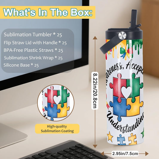 20 Oz Sublimation Tumblers Bulk Skinny Straight, 25 Pack Sublimation Sport Water Bottles Blanks with Portable Handle, Double Wall Stainless Steel Tumbler Cup for Heat Transfer, Individual Box
