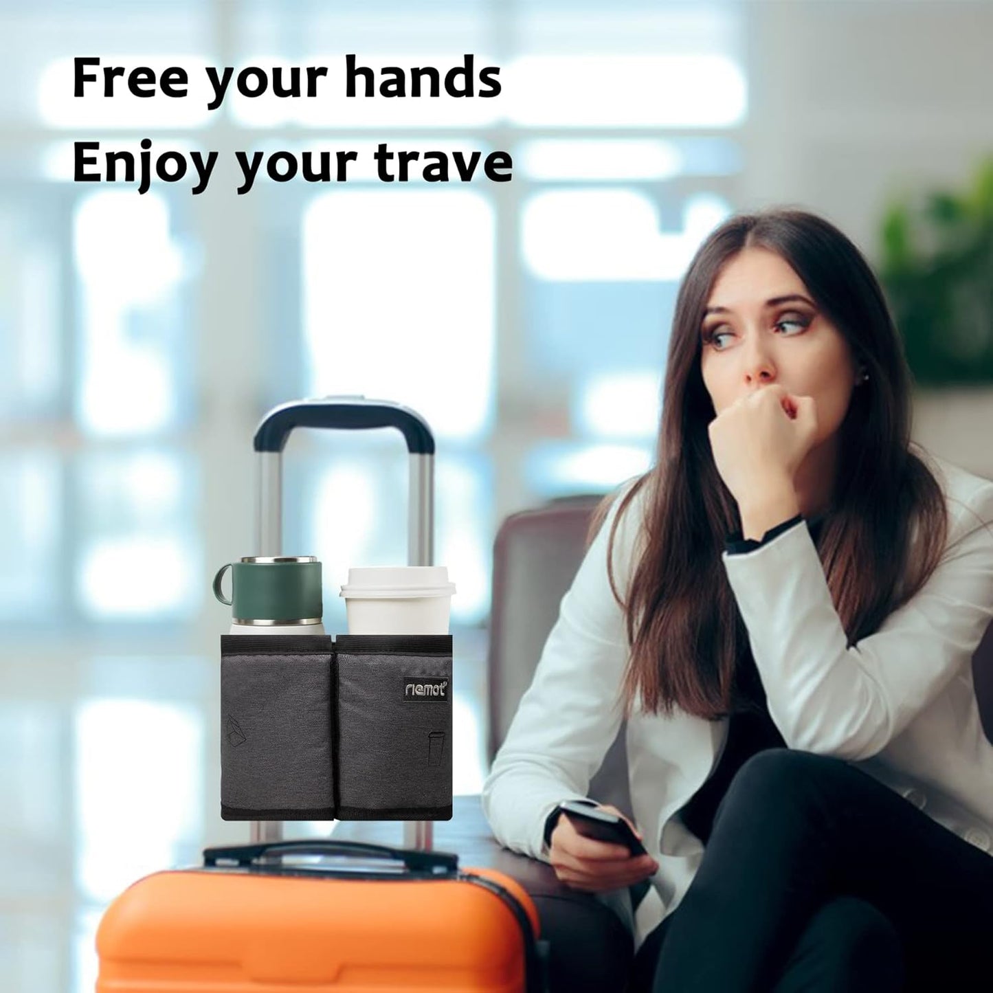riemot Luggage Travel Cup Holder Free Hand Drink Caddy - Hold Two Coffee Mugs - Fits Roll on Most Suitcase Handles - Gifts for Flight Attendants &Frequent Travelers Accessories Black