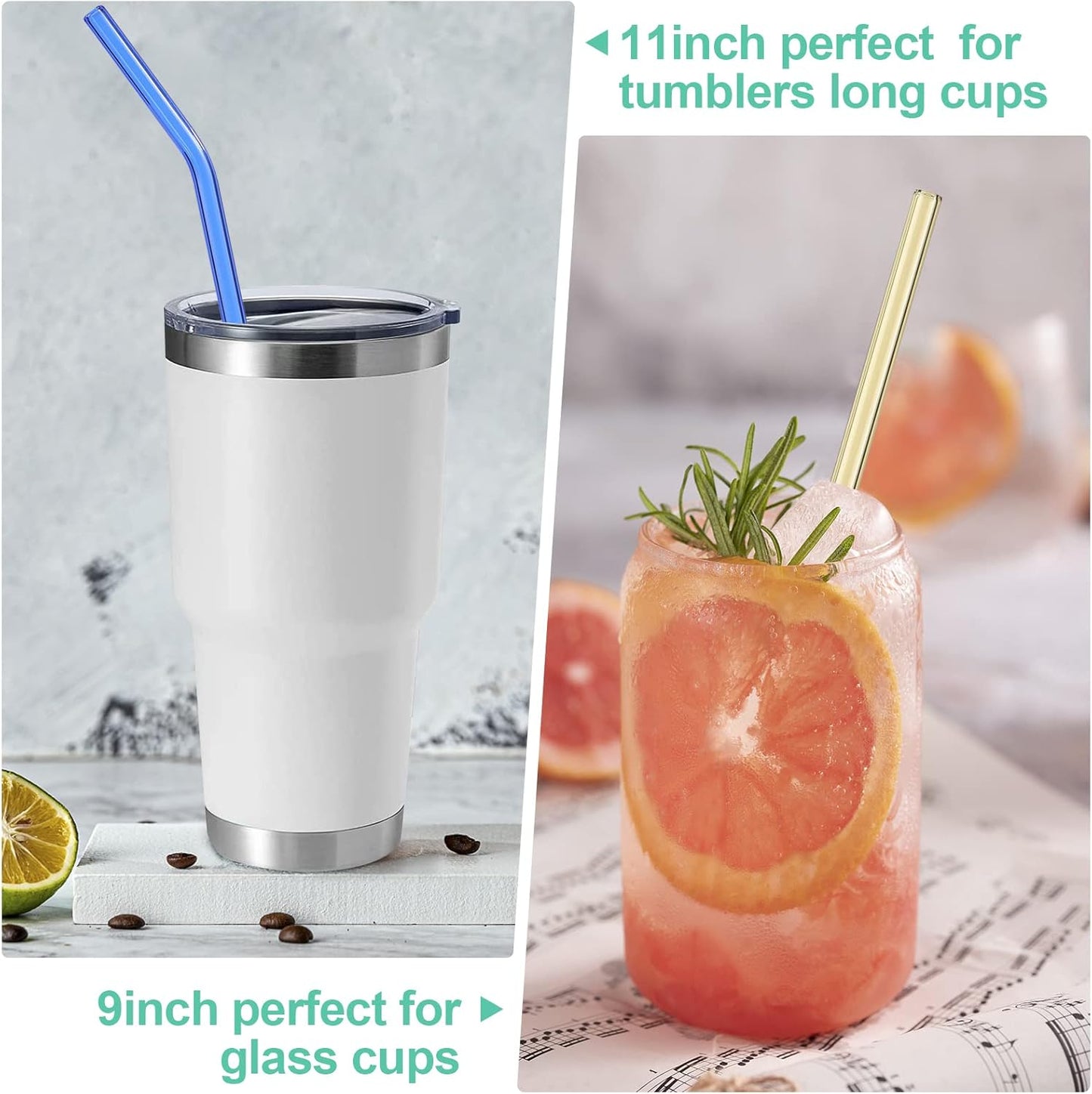 [12 Pcs] Reusable Colorful Long Glass Straws - 11" x 8mm and 9" x 8mm Shatter Resistant Each Including 3 Straight and 3 Bent with 2 Cleaning Brush Perfect for 30 oz 20 oz Tumblers Juice Coffee
