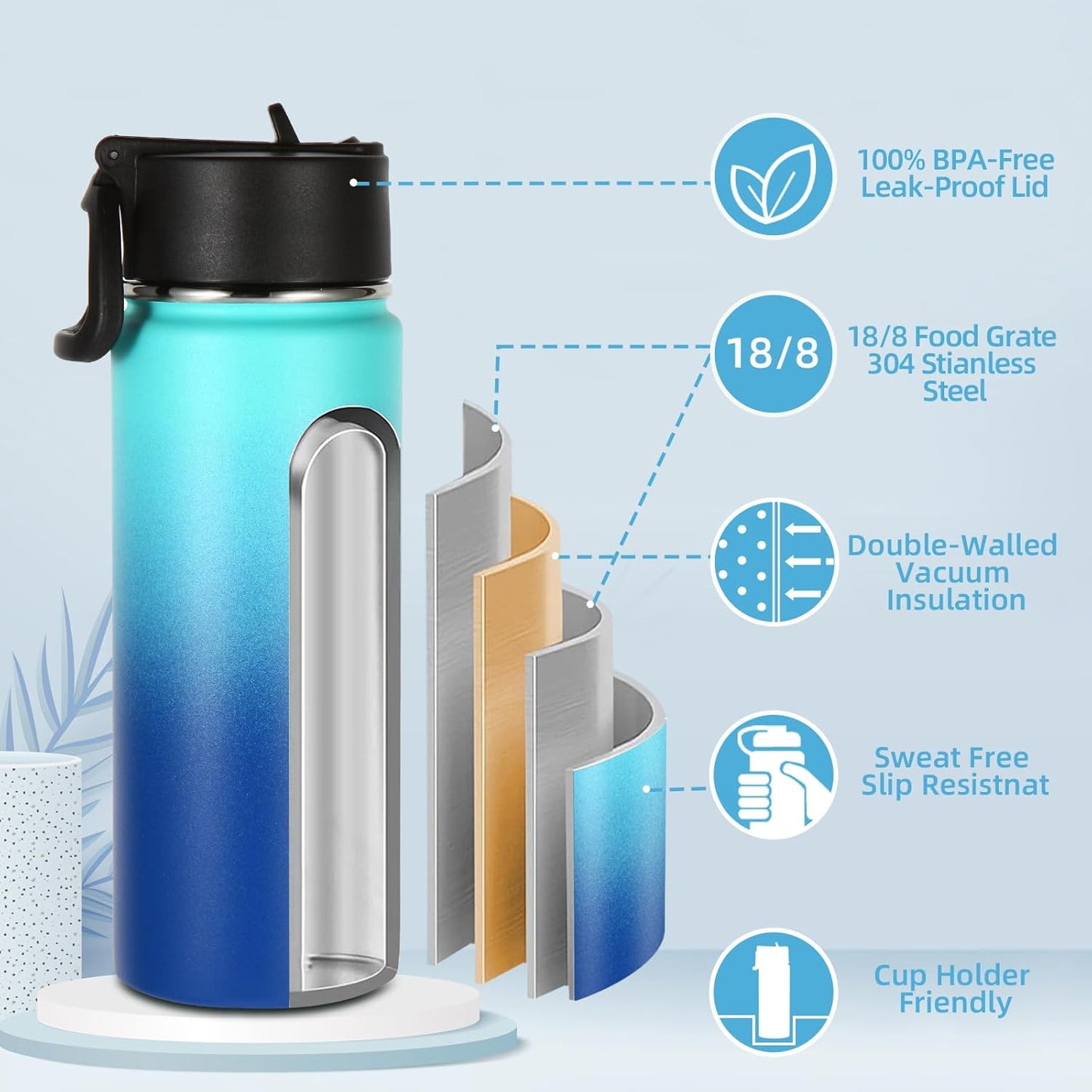 Volhoply 16 OZ Kids Water Bottle Bulk 8 Pack,Insulated Sports Bottles with Straw Lid,Stainless Steel Bottle with Handle Keep Cold & Hot,Double Wall Vacuum Tumbler Cups for School(Eight Color, 8)
