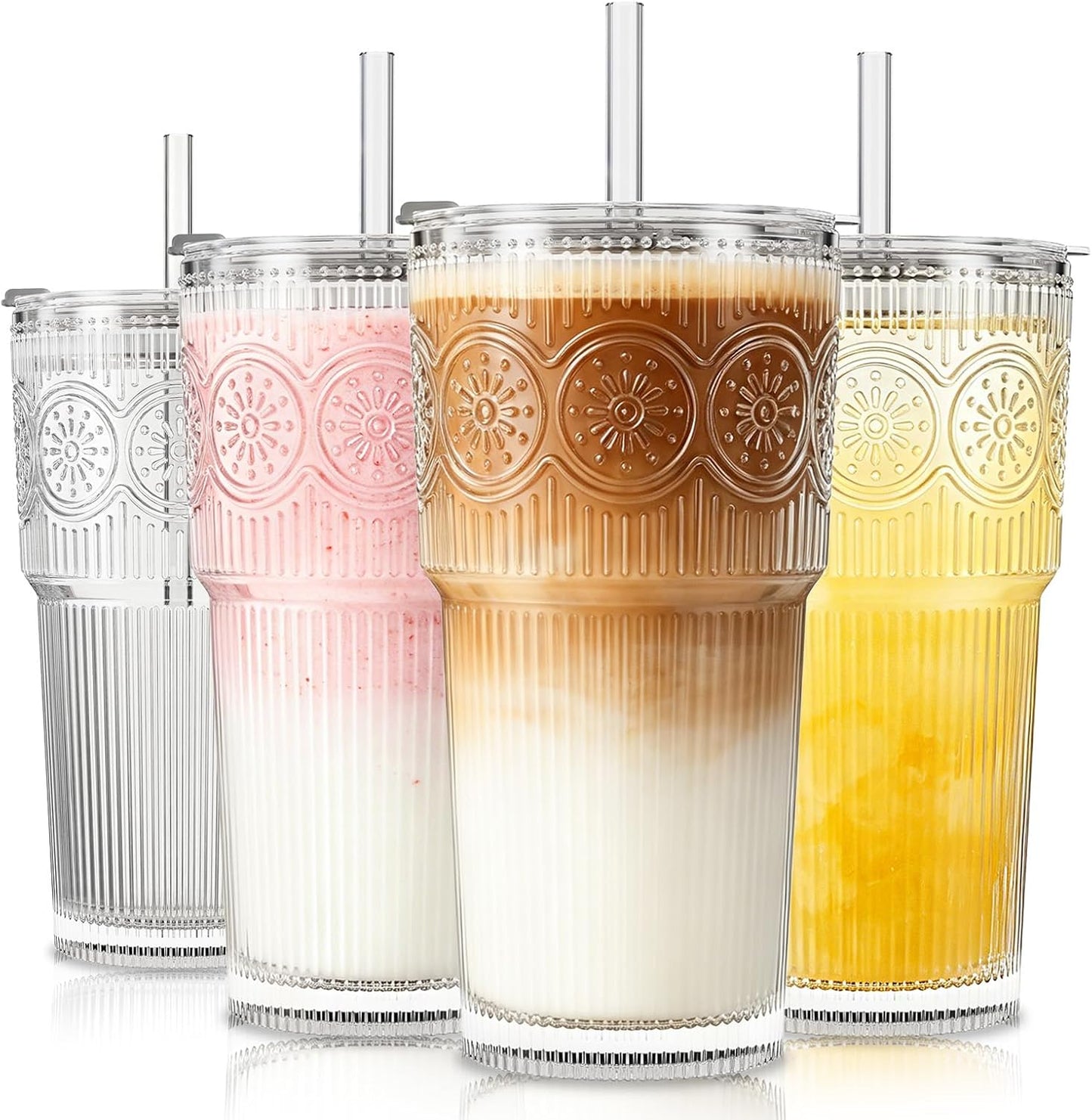 SoulTimes 20oz Ribbed & Floral Glass Tumbler Set of 2 – Reusable Glass Cups with Lid and Glass Straw, Iced Coffee Cups for Water, Smoothie, Milk, Cocktail & More – Perfect for Daily Use & Travel