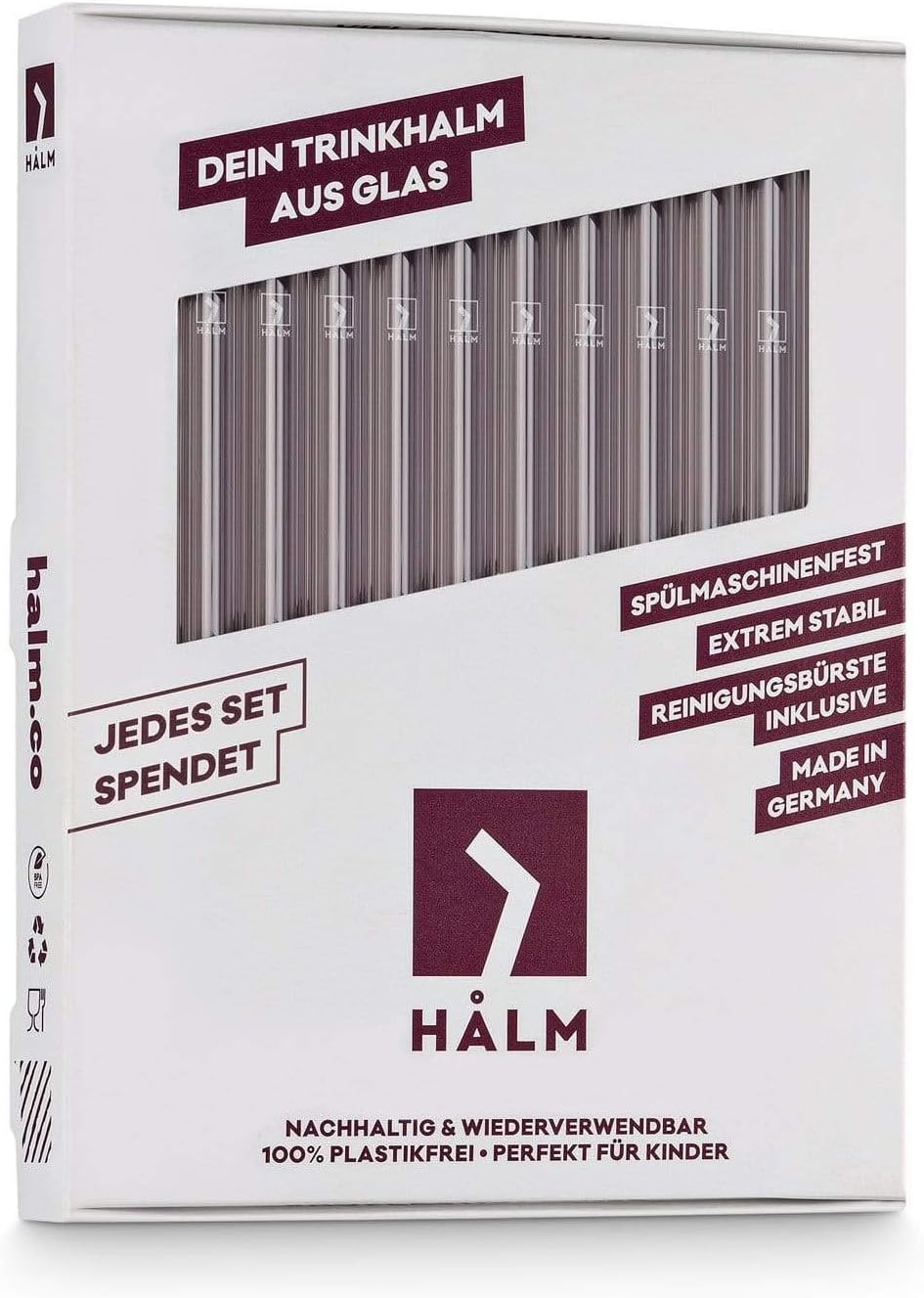 Halm Glass Straws - 6x Reusable 8 inch Drinking Straws clear + Plastic-Free Cleaning Brush - Made in Germany - Dishwasher Safe - Straight - Perfect for Smoothies, Cocktails