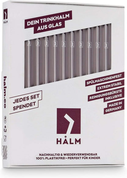 Halm Glass Straws - 6x Reusable 8 inch Drinking Straws clear + Plastic-Free Cleaning Brush - Made in Germany - Dishwasher Safe - Straight - Perfect for Smoothies, Cocktails