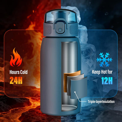 Insulated Water Bottle 24 oz with Dustproof Lid, Carry Handle & Tea Infuser, BPA-Free & Leakproof, Stainless Steel Water Bottles Ideal for Fitness, Hiking, Office & Outdoor Use (Black)