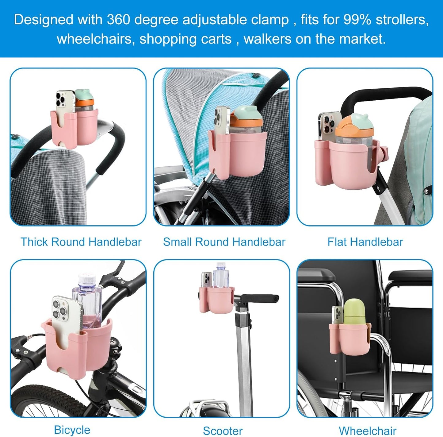 Accmor Stroller Cup Holder with Phone Holder, Bike Cup Holder, Universal Cup Holder for Uppababy Nuna Doona Strollers, 2-in-1 Cup Holder for Walker, Wheelchair, Scooter - Colors A