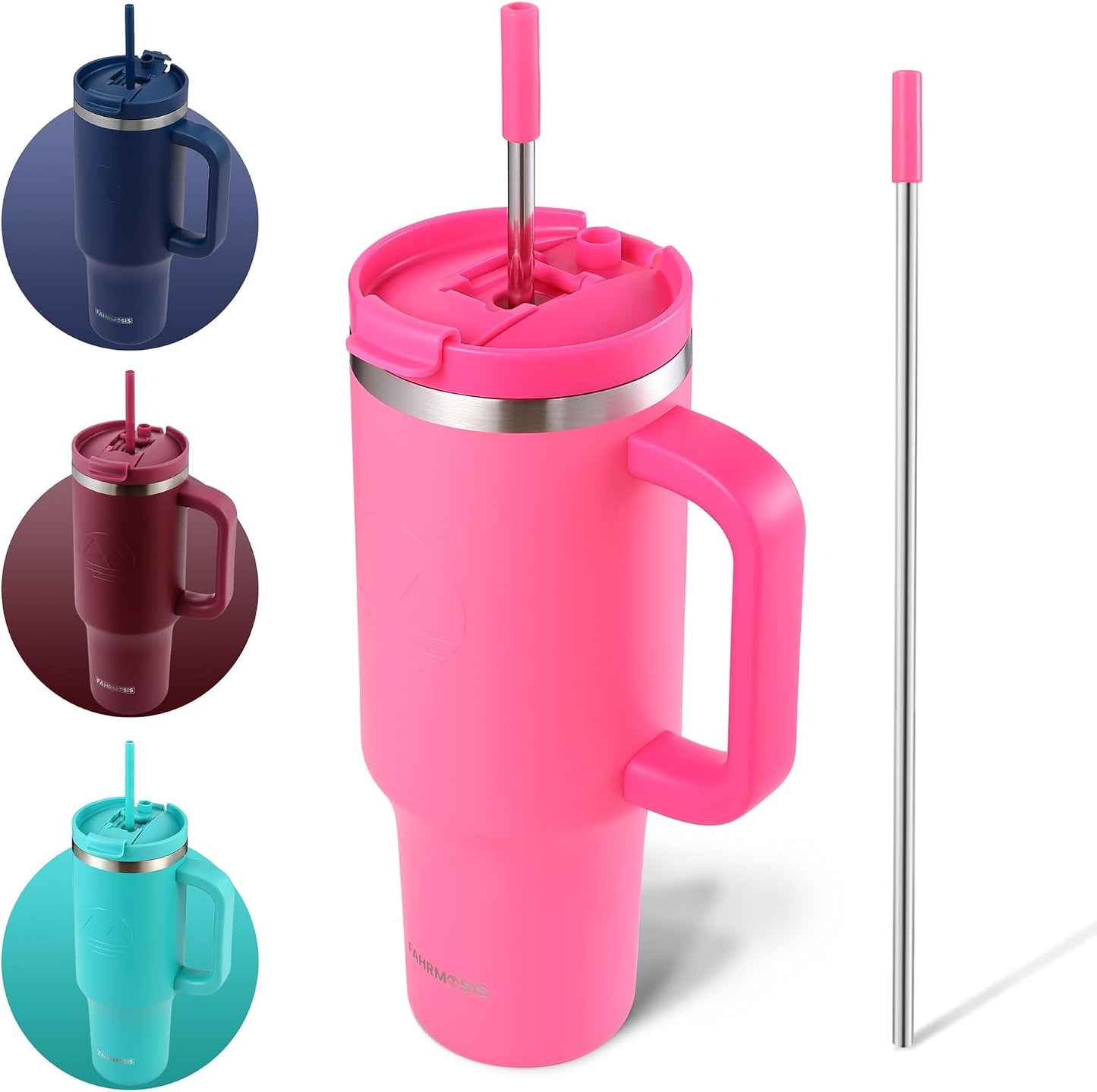 40 Oz Tumbler with Handle and Straw Insulated Cup that Fits in Cup Holder for Hot & Cold Drinks Leak Proof Tumbler with Straw Stainless Steel Travel Mug for Men & Women - Pink