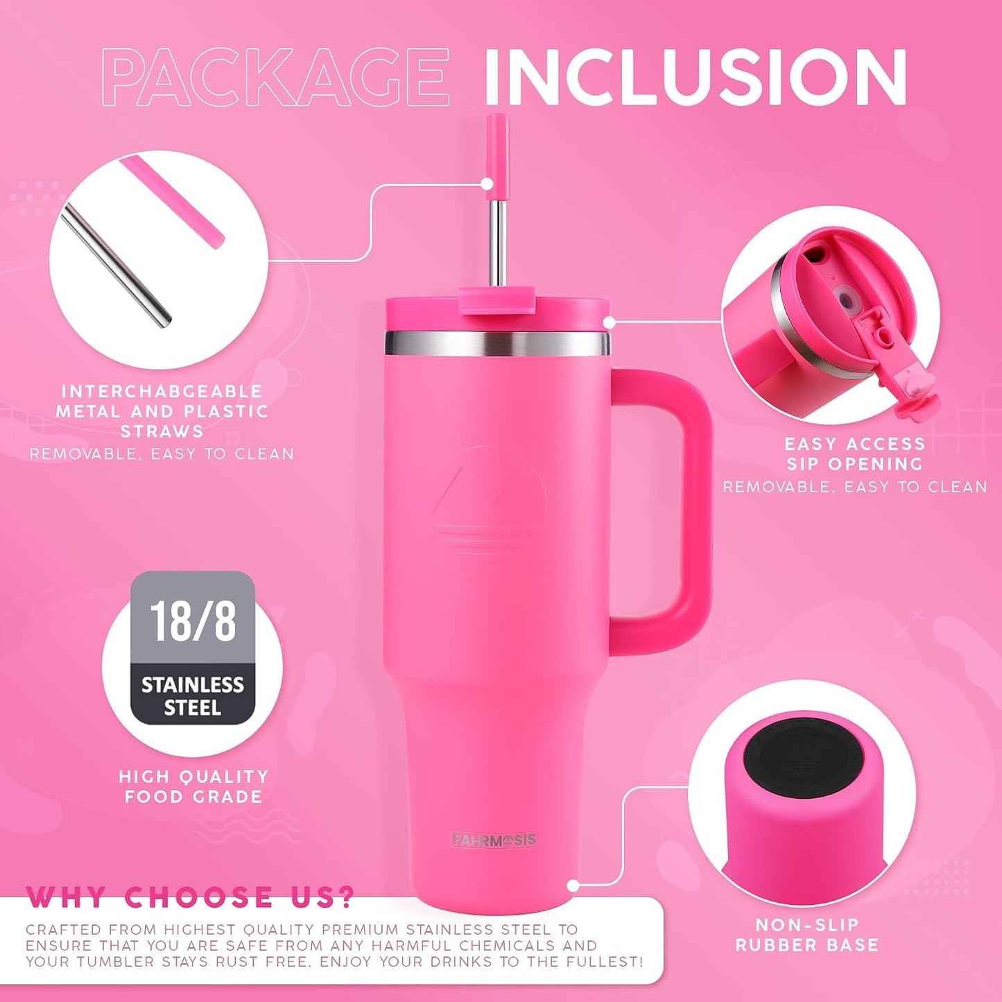 40 Oz Tumbler with Handle and Straw Insulated Cup that Fits in Cup Holder for Hot & Cold Drinks Leak Proof Tumbler with Straw Stainless Steel Travel Mug for Men & Women - Pink