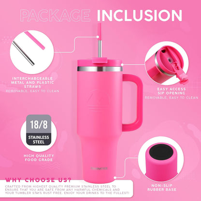 40 Oz Tumbler with Handle and Straw Insulated Cup that Fits in Cup Holder for Hot & Cold Drinks Leak Proof Tumbler with Straw Stainless Steel Travel Mug for Men & Women - Pink