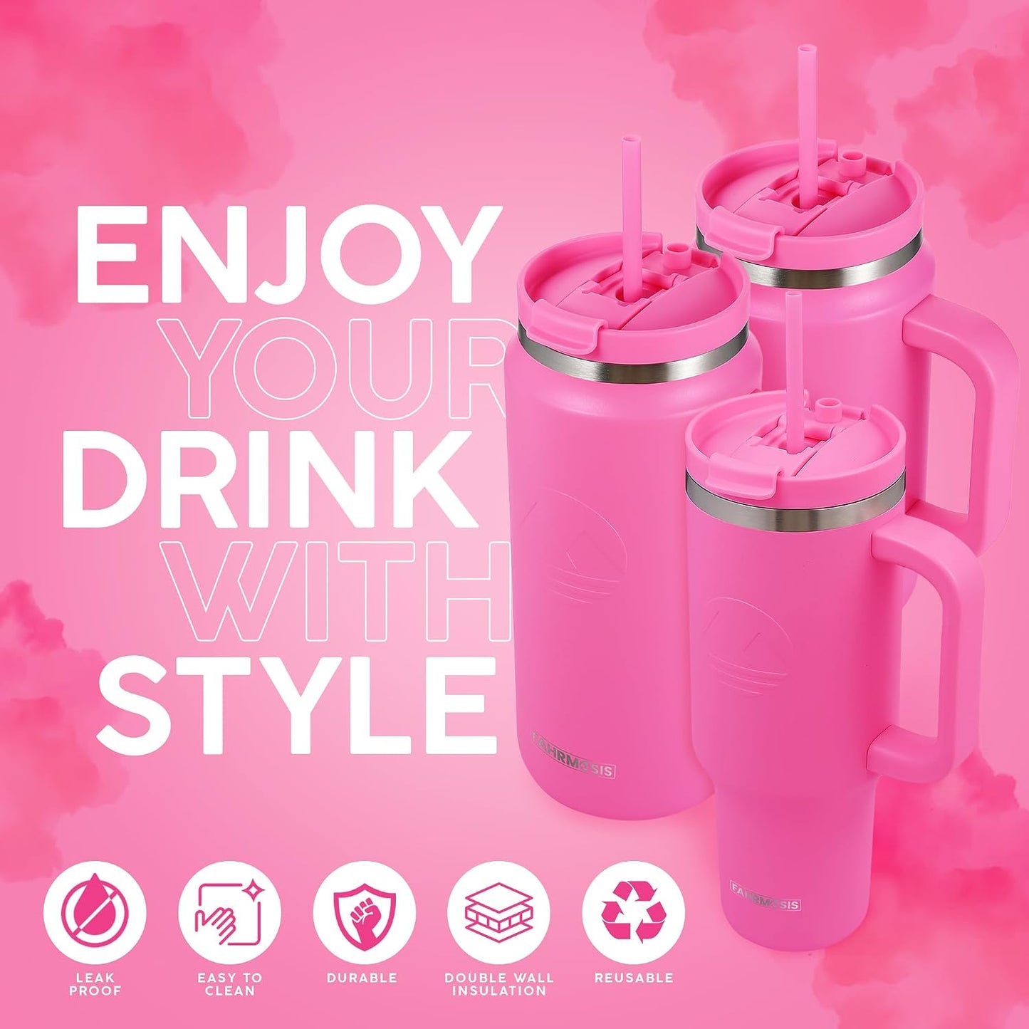 40 Oz Tumbler with Handle and Straw Insulated Cup that Fits in Cup Holder for Hot & Cold Drinks Leak Proof Tumbler with Straw Stainless Steel Travel Mug for Men & Women - Pink