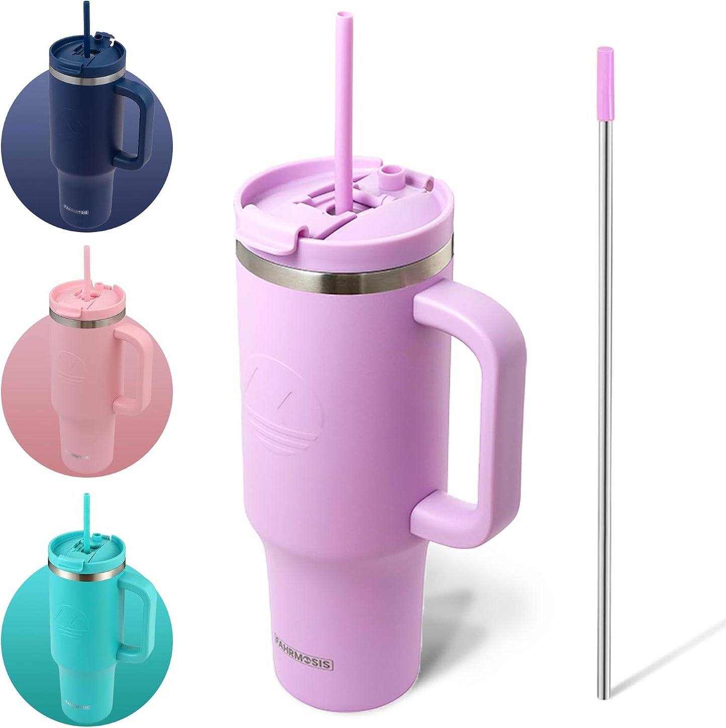 40 Oz Tumbler with Handle and Straw Insulated Cup that Fits in Cup Holder for Hot & Cold Drinks Leak Proof Tumbler with Straw Stainless Steel Travel Mug for Men & Women - Pink