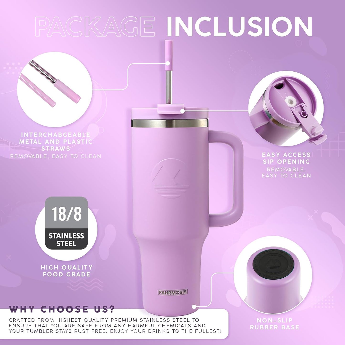 40 Oz Tumbler with Handle and Straw Insulated Cup that Fits in Cup Holder for Hot & Cold Drinks Leak Proof Tumbler with Straw Stainless Steel Travel Mug for Men & Women - Pink