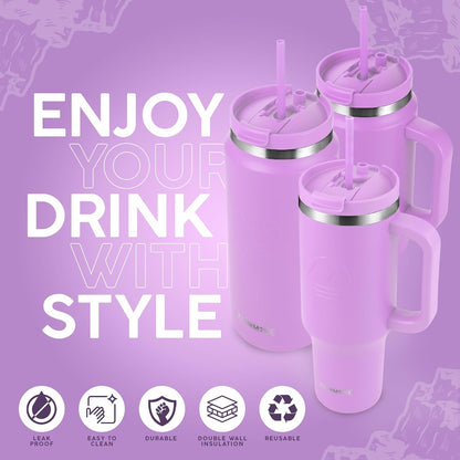 40 Oz Tumbler with Handle and Straw Insulated Cup that Fits in Cup Holder for Hot & Cold Drinks Leak Proof Tumbler with Straw Stainless Steel Travel Mug for Men & Women - Pink