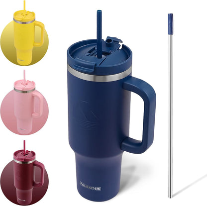 40 Oz Tumbler with Handle and Straw Insulated Cup that Fits in Cup Holder for Hot & Cold Drinks Leak Proof Tumbler with Straw Stainless Steel Travel Mug for Men & Women - Pink