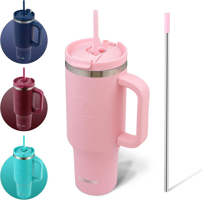 40 Oz Tumbler with Handle and Straw Insulated Cup that Fits in Cup Holder for Hot & Cold Drinks Leak Proof Tumbler with Straw Stainless Steel Travel Mug for Men & Women - Pink