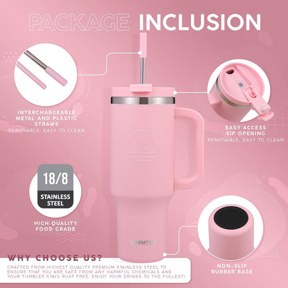 40 Oz Tumbler with Handle and Straw Insulated Cup that Fits in Cup Holder for Hot & Cold Drinks Leak Proof Tumbler with Straw Stainless Steel Travel Mug for Men & Women - Pink