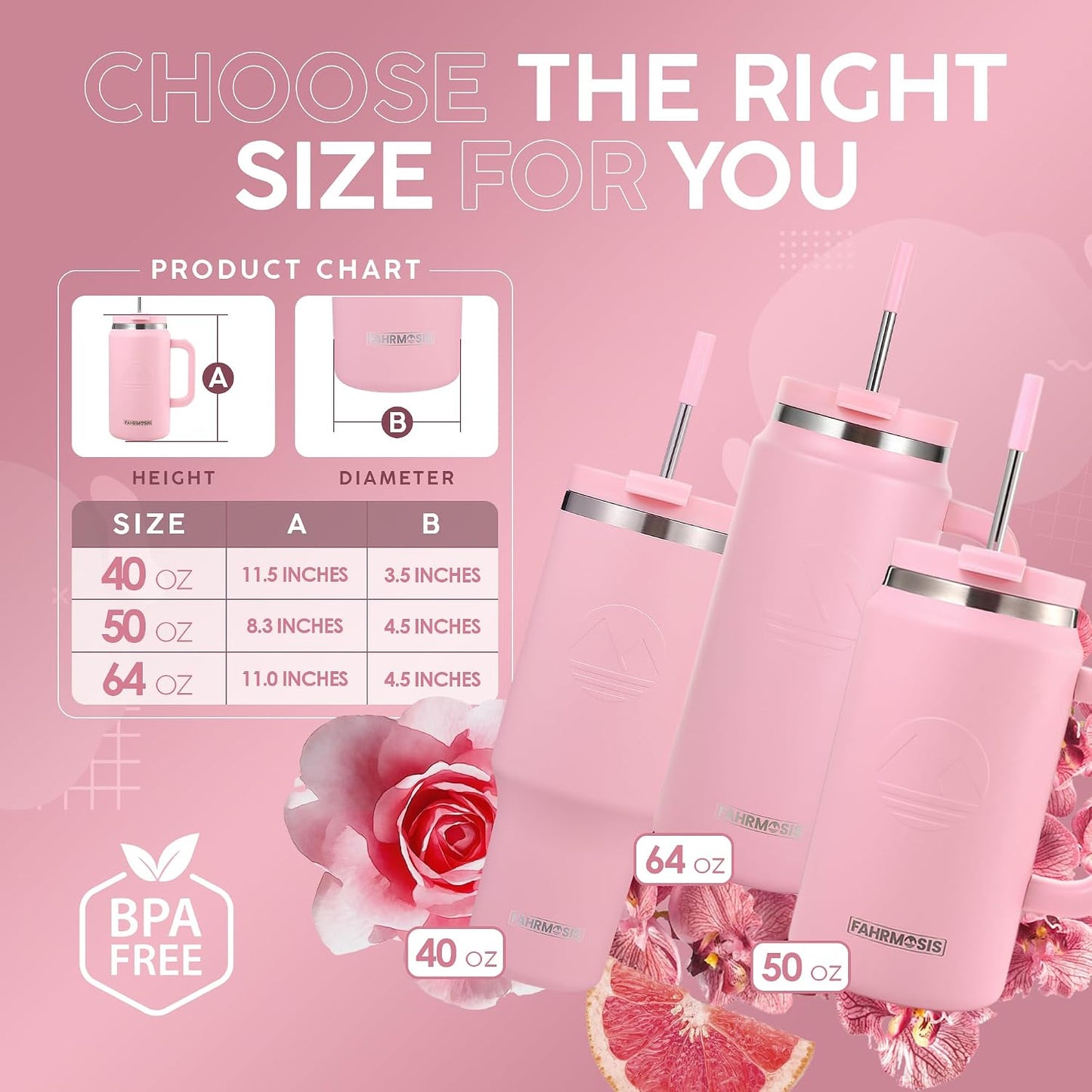40 Oz Tumbler with Handle and Straw Insulated Cup that Fits in Cup Holder for Hot & Cold Drinks Leak Proof Tumbler with Straw Stainless Steel Travel Mug for Men & Women - Pink