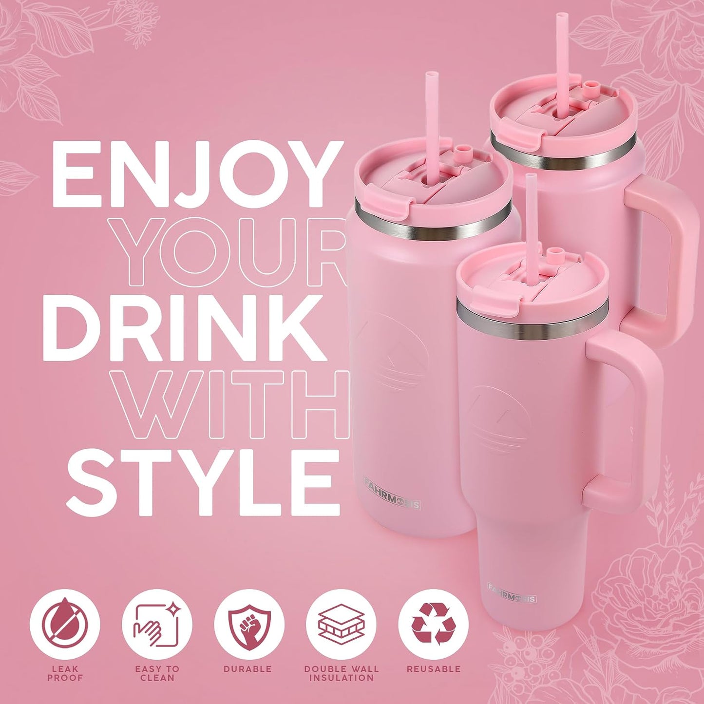 40 Oz Tumbler with Handle and Straw Insulated Cup that Fits in Cup Holder for Hot & Cold Drinks Leak Proof Tumbler with Straw Stainless Steel Travel Mug for Men & Women - Pink