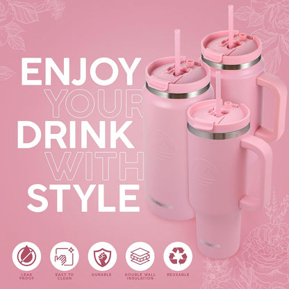 40 Oz Tumbler with Handle and Straw Insulated Cup that Fits in Cup Holder for Hot & Cold Drinks Leak Proof Tumbler with Straw Stainless Steel Travel Mug for Men & Women - Pink
