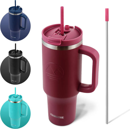 40 Oz Tumbler with Handle and Straw Insulated Cup that Fits in Cup Holder for Hot & Cold Drinks Leak Proof Tumbler with Straw Stainless Steel Travel Mug for Men & Women - Pink