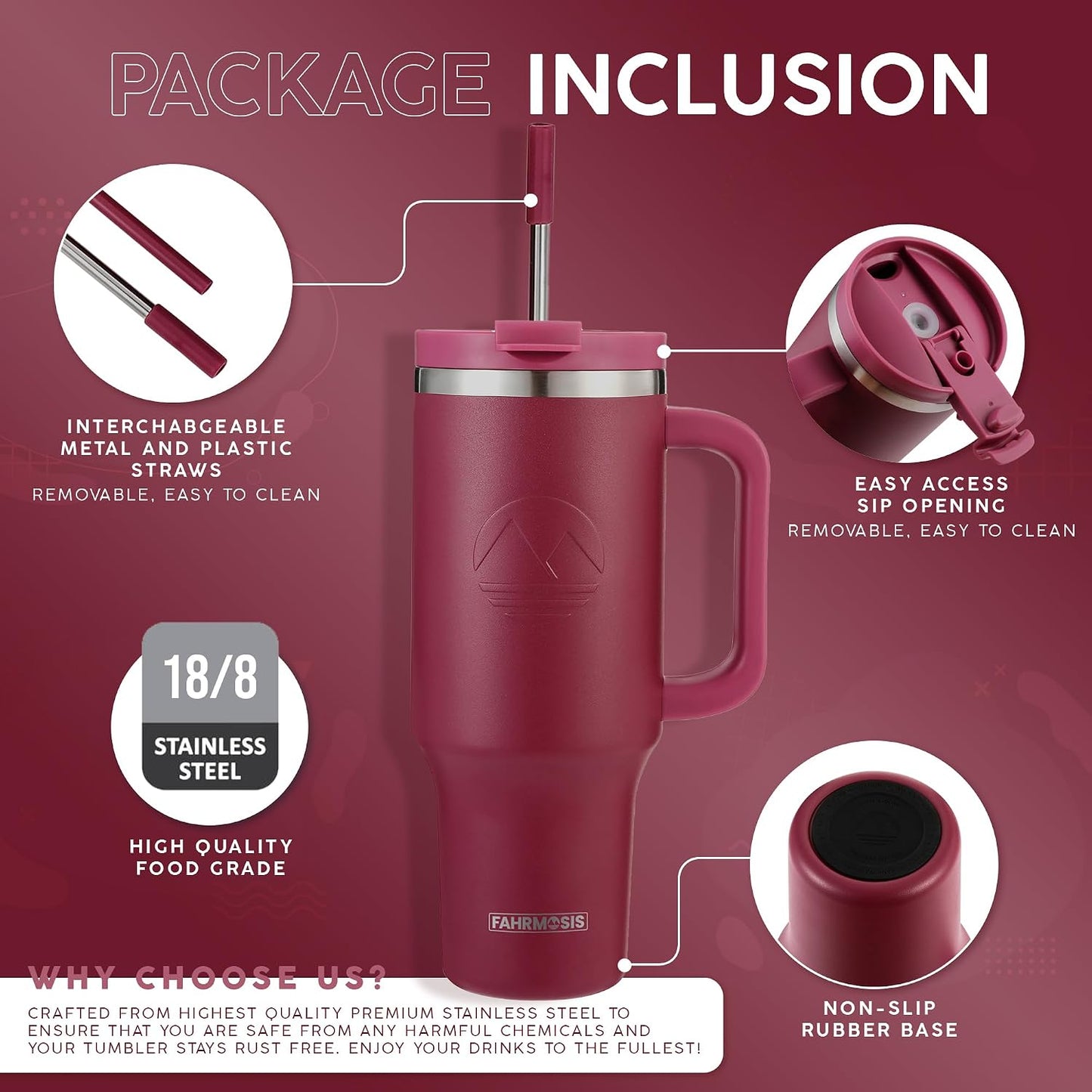40 Oz Tumbler with Handle and Straw Insulated Cup that Fits in Cup Holder for Hot & Cold Drinks Leak Proof Tumbler with Straw Stainless Steel Travel Mug for Men & Women - Pink