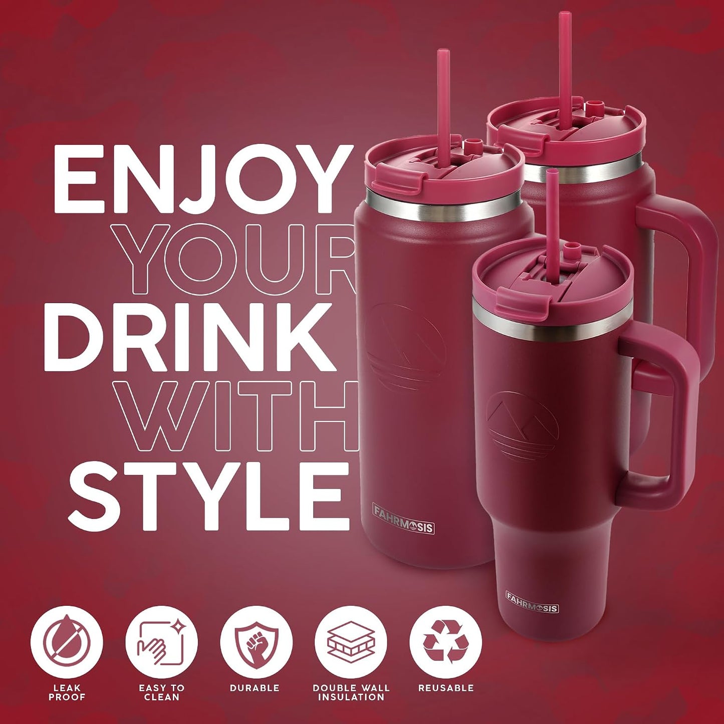 40 Oz Tumbler with Handle and Straw Insulated Cup that Fits in Cup Holder for Hot & Cold Drinks Leak Proof Tumbler with Straw Stainless Steel Travel Mug for Men & Women - Pink